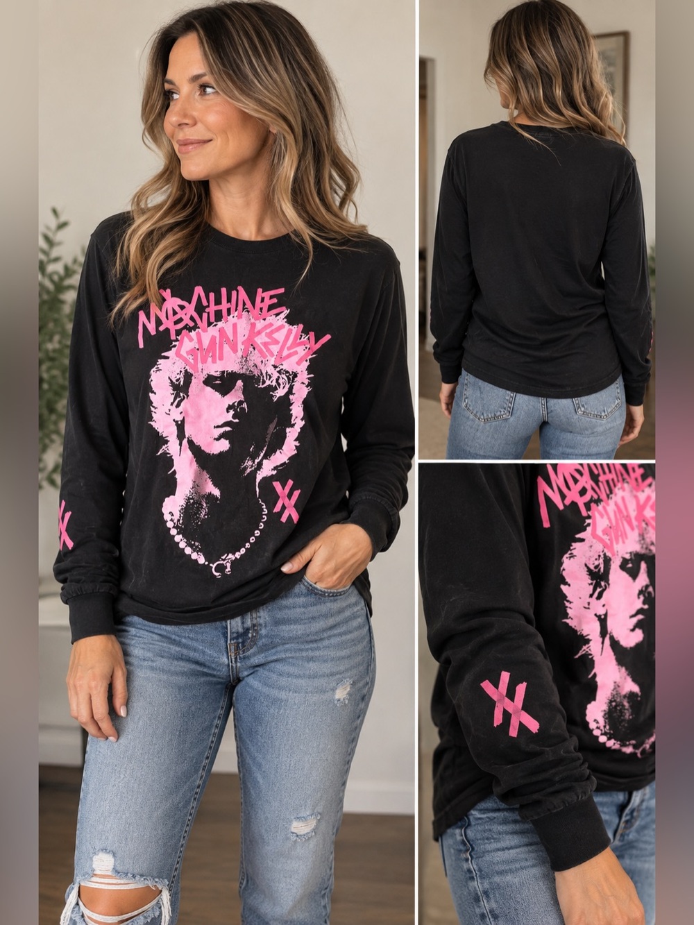 Machine Gun Kelly Pink Portrait Boyfriend Fit Girls T-Shirt Graphic T Shirt S